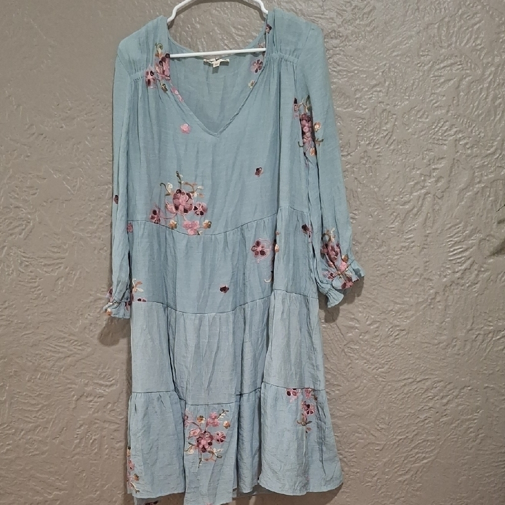 Hope Springs Chic Long Sleeve Floral Dress in Soft Blue Size XXL